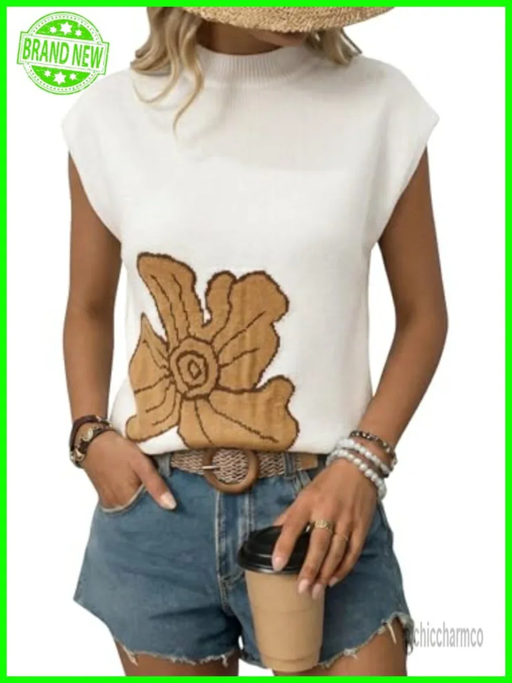 Women Cap Sleeve Mock Neck Sweater Floral Pattern Lightweight Knit